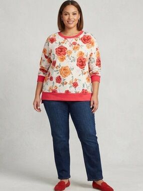 Honeyme Curvy Collection Rose Floral Top Pink Accents  Size 3X